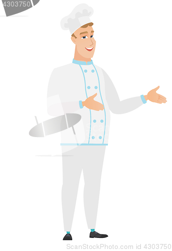 Image of Young caucasian happy chef cook gesturing.