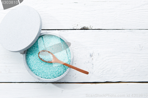 Image of Sea salt on wooden table