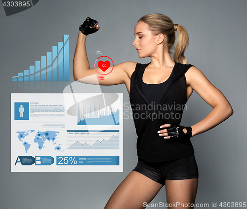 Image of young woman showing muscles with charts and pulse