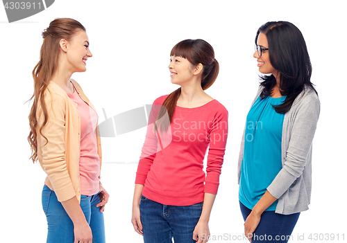 Image of international group of happy smiling women talking