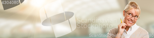 Image of Banner of Beautiful Expressive Student or Businesswoman with Pen