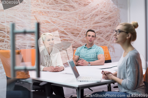 Image of Startup Business Team At A Meeting at modern night office buildi