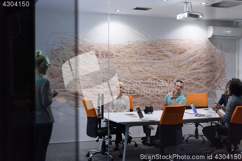 Image of Startup Business Team At A Meeting at modern night office buildi