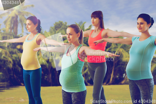 Image of happy pregnant women exercising in gym