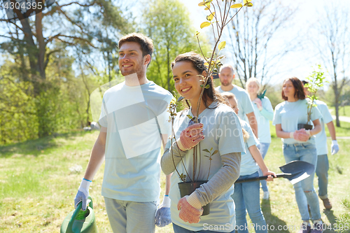 Image of group of volunteers with trees and rake in park