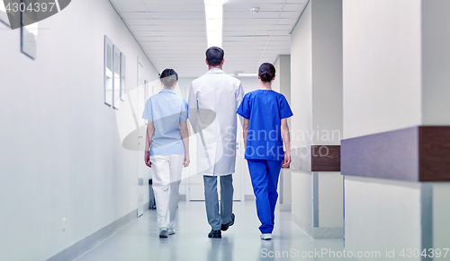 Image of group of medics or doctors walking along hospital