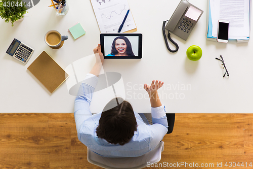Image of hands of businesswoman with tablet pc at office