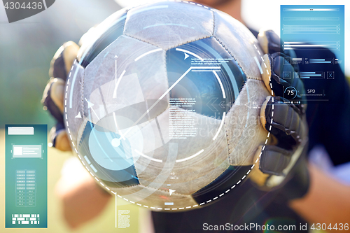 Image of close up of goalkeeper with ball playing football