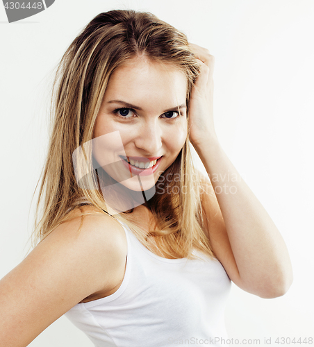 Image of young pretty stylish brunette hipster girl posing emotional isolated on white background happy smiling cool smile, lifestyle people concept 