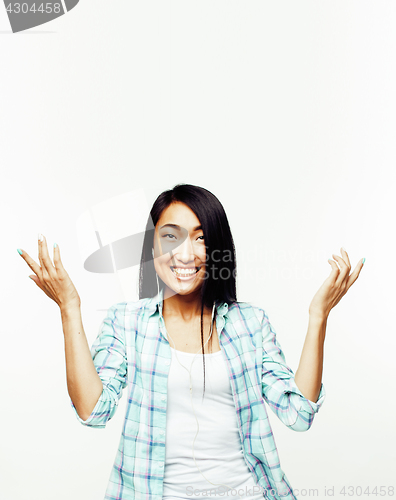 Image of young pretty asian woman posing cheerful emotional isolated on white background, lifestyle people concept 