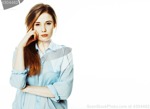 Image of cute young pretty girl thinking on white background isolated clo