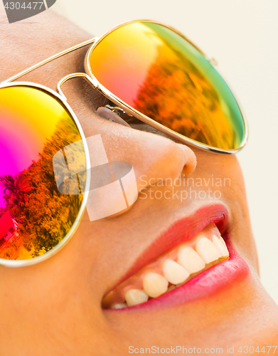 Image of Happy Sunglasses Girl Shows Woman In Summer