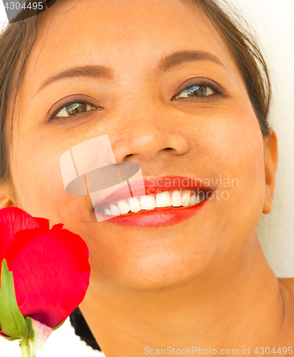 Image of Smiling Girl With Rose Shows Joyful Happiness