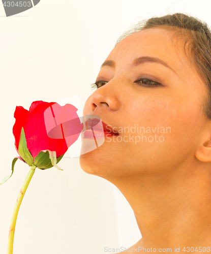 Image of Smelling Rose Girl Shows Elegant Valentines Day