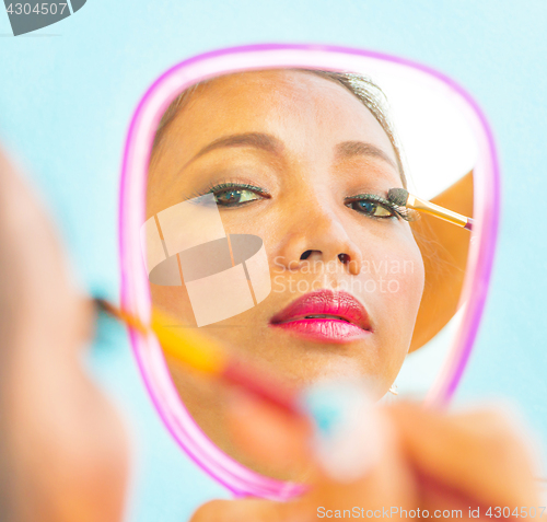 Image of Eyeshadow Eye Mirror Applying Shows Eyes Makeup