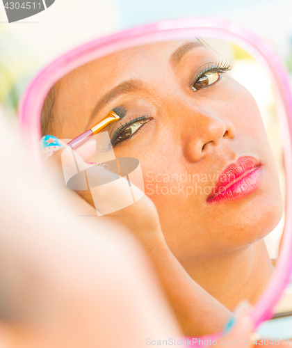 Image of Eyeshadow Eye Mirror Applying Shows Eyes Cosmetics