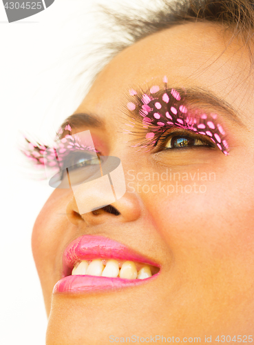 Image of Happy Girl With Pink Eyelashes Shows Health And Beauty
