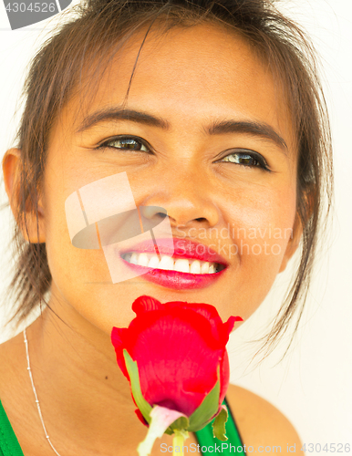 Image of Smiling Girl With Rose Shows Joyful And Healthy
