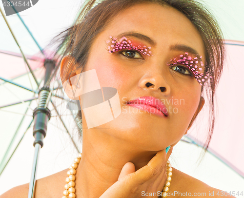 Image of Beauty With Umbrella Shows Happy Young Female