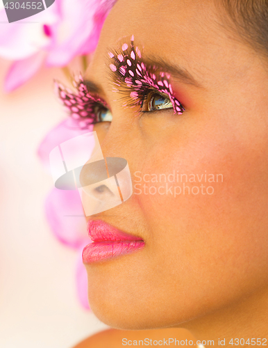 Image of Girl With Pink Eyelashes Shows Health And Beauty