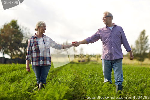 Image of happy senior couple holding hands at summer farm