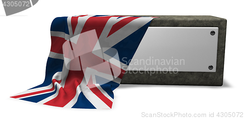 Image of stone socket with blank sign and flag of the uk - 3d rendering