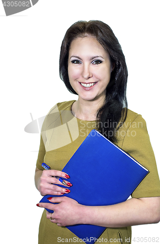 Image of Young business woman smiling with a folder of papers in hands