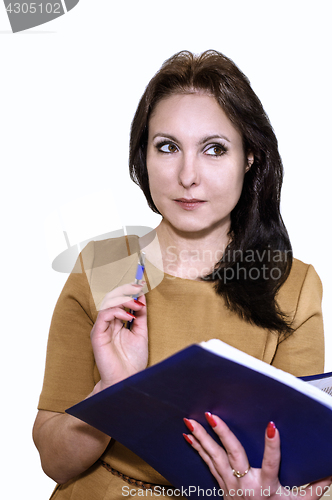 Image of Young business woman smiling with a folder of papers in hands