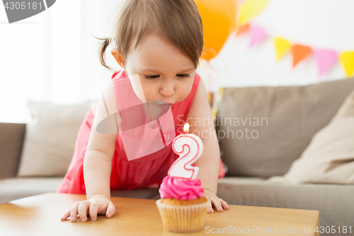 Image of girl blowing to candle on cupcake at birthday