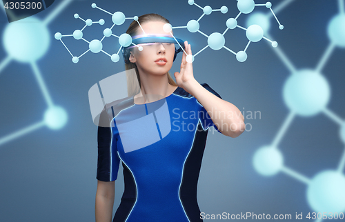 Image of woman in virtual reality 3d glasses with molecules