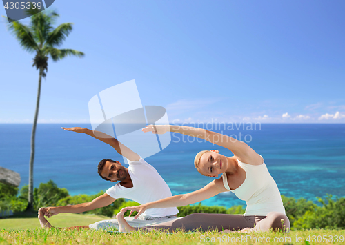 Image of happy couple making yoga exercises outdoors