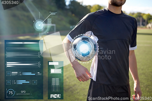 Image of close up of soccer player with football on field