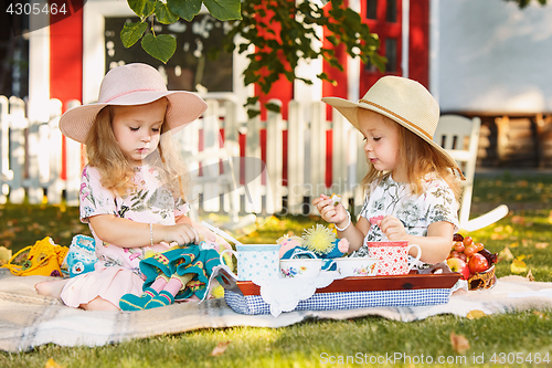 Image of Two little girls sitting on green grass