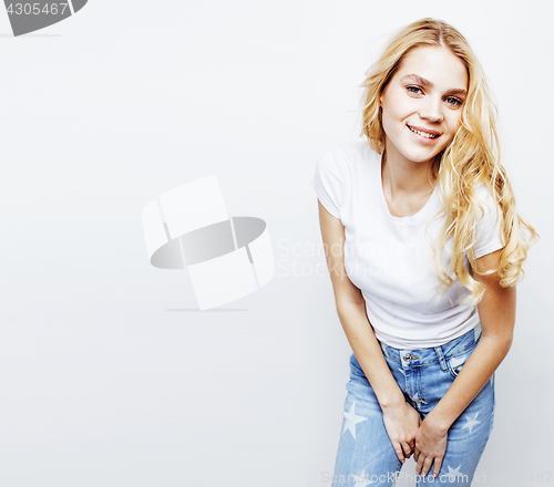 Image of young pretty blond teenage girl emotional posing, happy smiling isolated on white background, lifestyle people concept