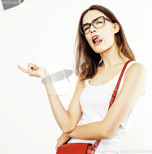 Image of young pretty stylish brunette hipster girl posing emotional isolated on white background happy smiling cool smile, lifestyle people concept 