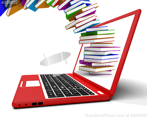 Image of Stack Of Books Flying From Computer Shows Online Learning