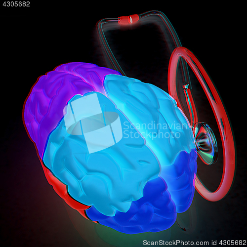 Image of stethoscope and brain. 3d illustration. Anaglyph. View with red/