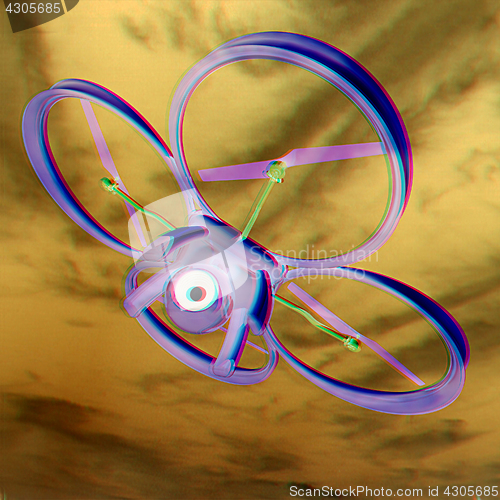 Image of Drone, quadrocopter, with photo camera against the sky. 3D illus