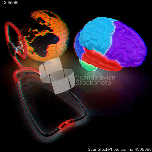 Image of stethoscope, globe, brain - global medical concept. 3d illustrat