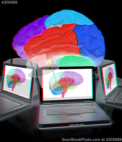 Image of Computers connected to central brain. 3d render. Anaglyph. View 