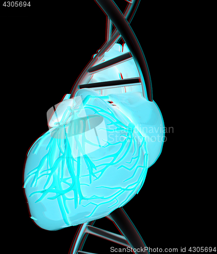 Image of DNA and heart. 3d illustration. Anaglyph. View with red/cyan gla