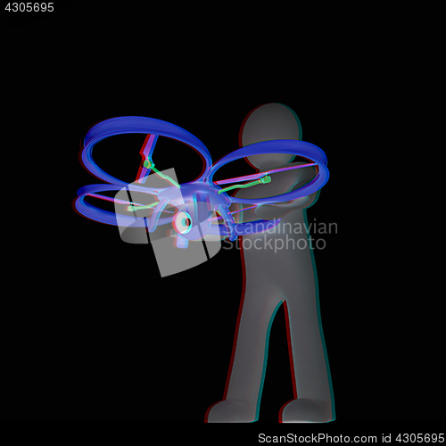 Image of 3d man with drone, quadrocopter, with photo camera. 3d render. 3