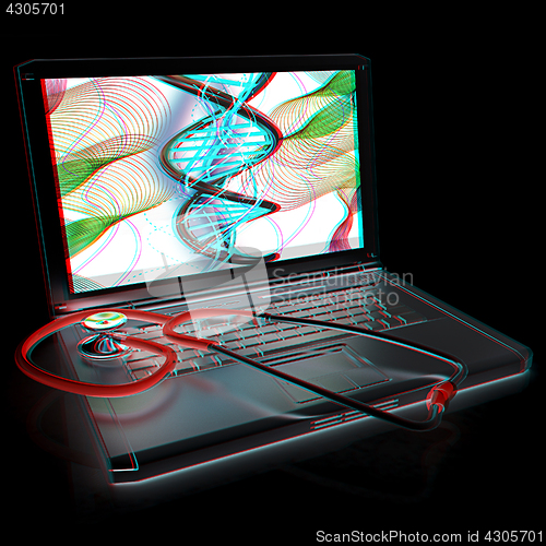 Image of silver laptop diagnosis with stethoscope. 3D illustration. Anagl