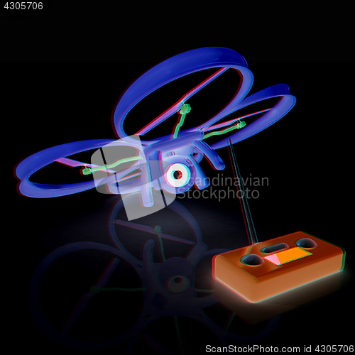 Image of Drone with remote controller. Anaglyph. View with red/cyan glass
