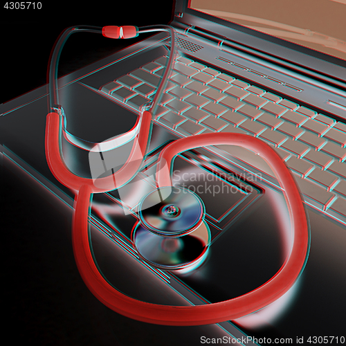 Image of silver laptop diagnosis with stethoscope. 3D illustration. Anagl