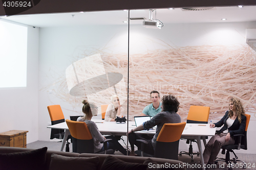 Image of Startup Business Team At A Meeting at modern night office buildi