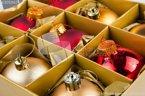 Image of Christmas decorations fine stored in a box, ready for use