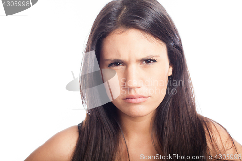 Image of closeup emotional portrait sad woman