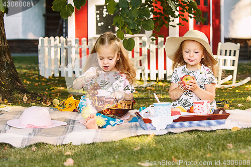 Image of Two little girls sitting on green grass