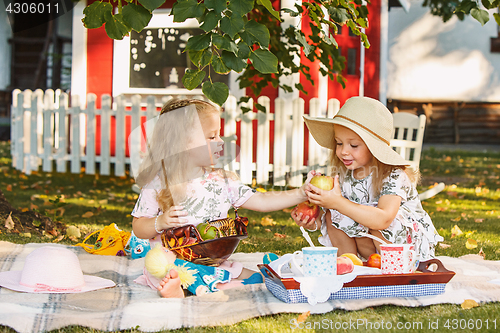 Image of Two little girls sitting on green grass